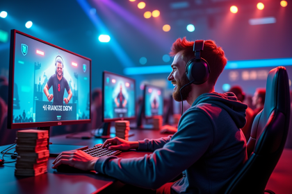 Joueur esport célébrant victoire devant un écran lumineux
