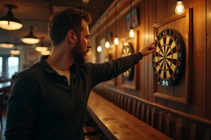 Joueur de fléchettes adulte en plein lancer dans un pub traditionnel, illustrant la bonne distance de tir et la posture correcte face à la cible