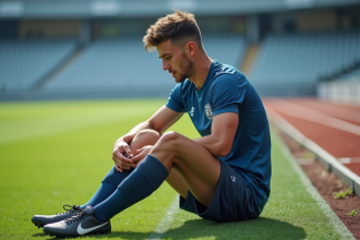 Jeune joueur de football examine sa cheville sur le terrain