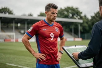 Joueur du Football Club Versailles 78 en entraînement sur le terrain, analysant les tactiques avant un match décisif