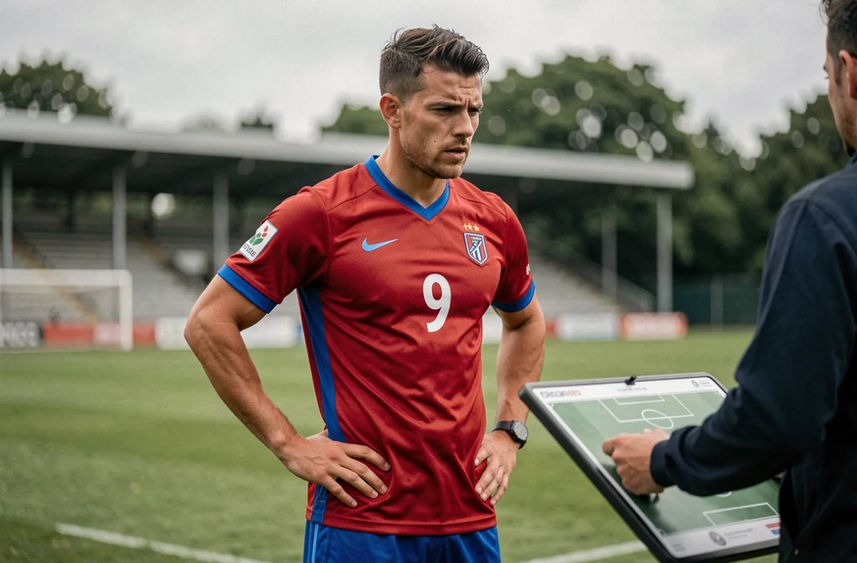 Joueur du Football Club Versailles 78 en entraînement sur le terrain, analysant les tactiques avant un match décisif
