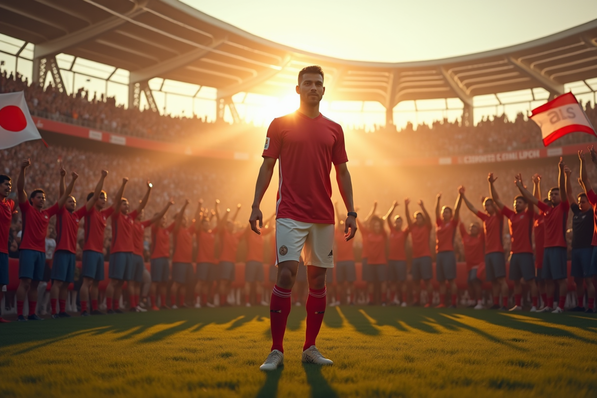 Joueur de football célèbre sur le terrain entouré de fans enthousiastes