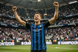 Joueur de l'Inter Milan célébrant un but en Ligue des Champions dans un grand stade européen
