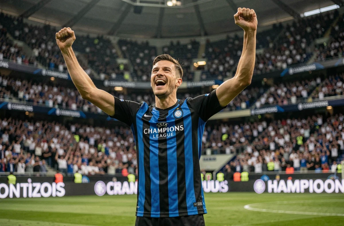Joueur de l'Inter Milan célébrant un but en Ligue des Champions dans un grand stade européen