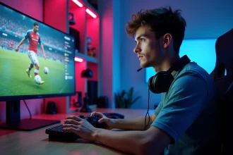 Joueur concentré maniant une manette de jeu devant un écran affichant FC 25, illustrant les erreurs courantes dans les gestes techniques