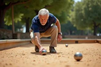 Joueur de pétanque licencié FFPJP en train de pointer sur un terrain de pétanque en gravier lors d'une compétition officielle