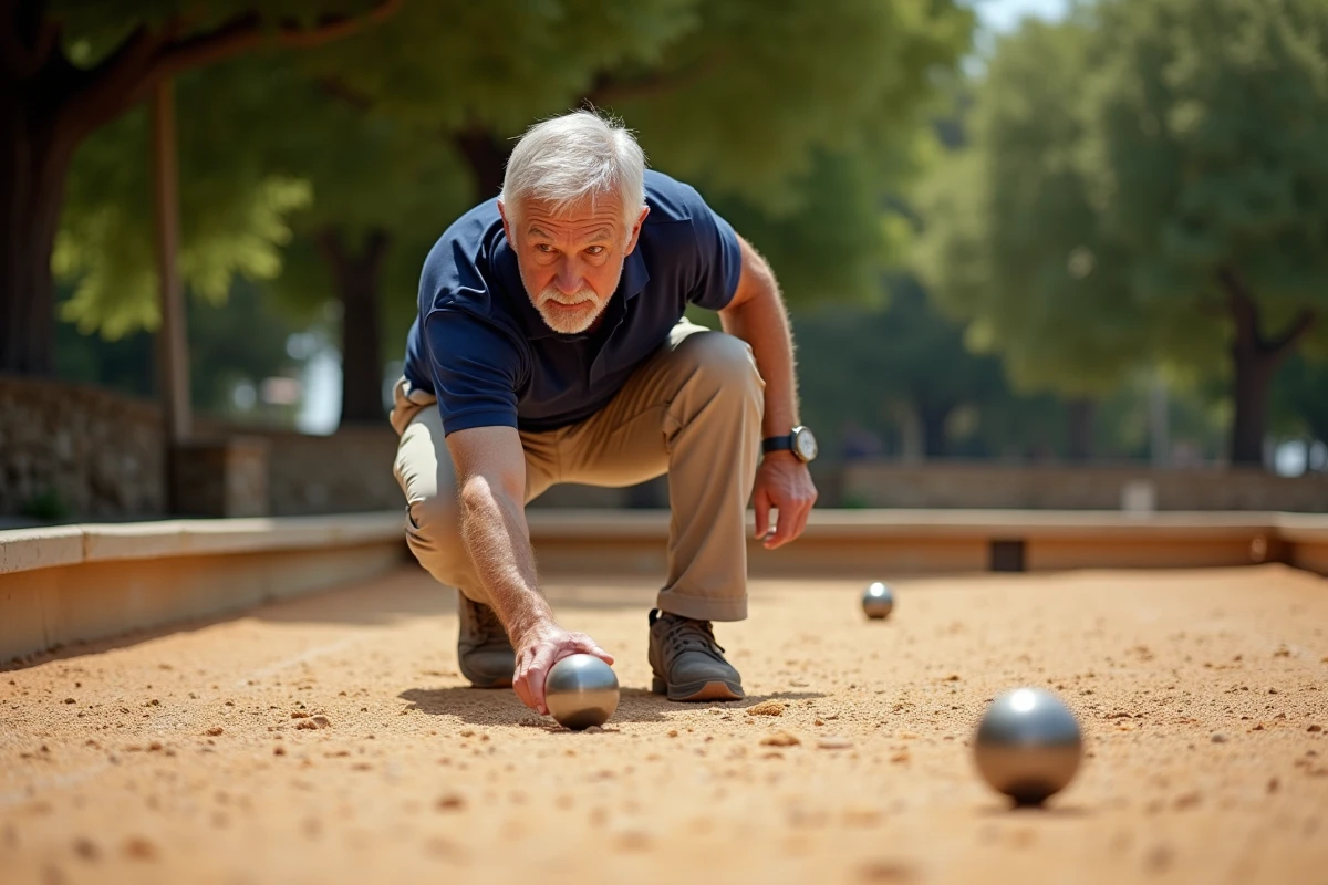 Joueur de pétanque licencié FFPJP en train de pointer sur un terrain de pétanque en gravier lors d'une compétition officielle