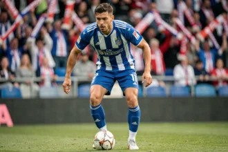 Joueur du Racing Club de Strasbourg en action sur le terrain lors d'un match de Ligue 1, contrôlant le ballon devant un stade plein