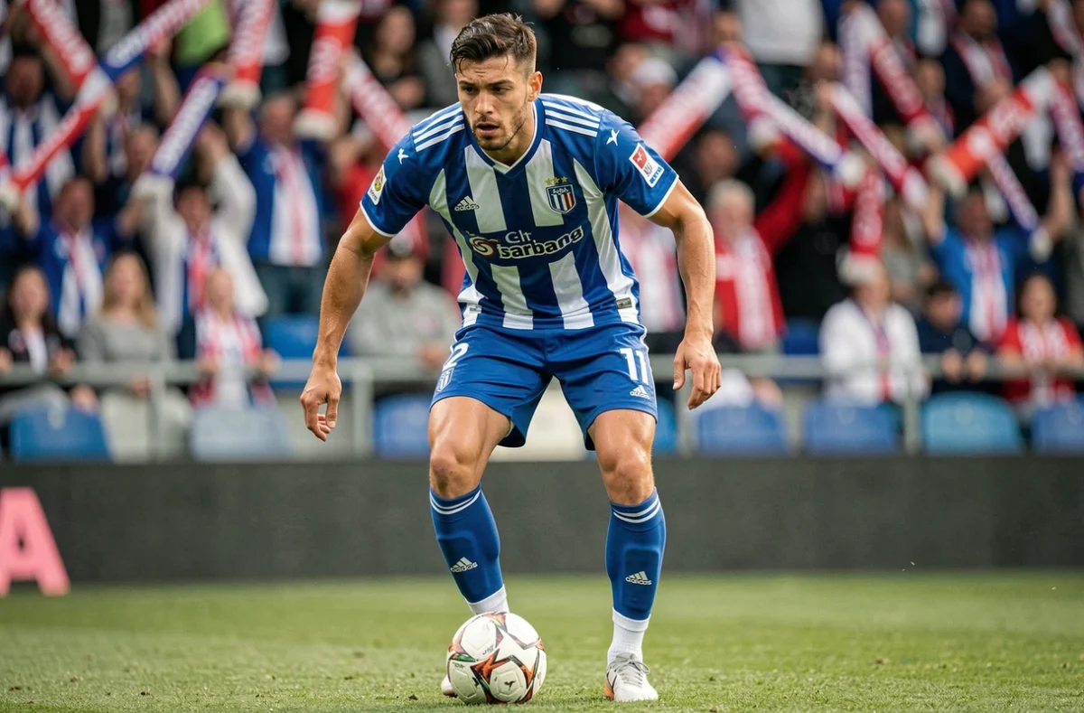 Joueur du Racing Club de Strasbourg en action sur le terrain lors d'un match de Ligue 1, contrôlant le ballon devant un stade plein
