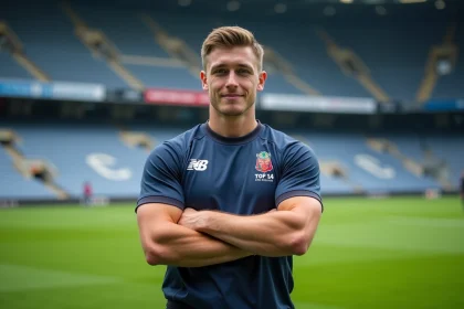 Jeune joueur rugby Top 14 en portrait sur le terrain