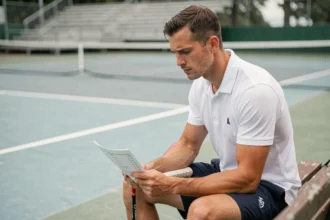 Joueur de tennis étudiant son classement de points sur un court extérieur en surface dure