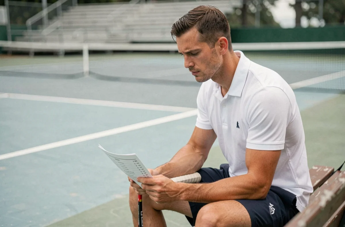 Joueur de tennis étudiant son classement de points sur un court extérieur en surface dure