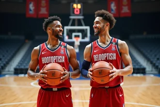 Deux joueurs de basketball souriants sur un terrain int&eacute;rieur
