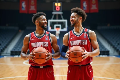 Deux joueurs de basketball souriants sur un terrain intérieur