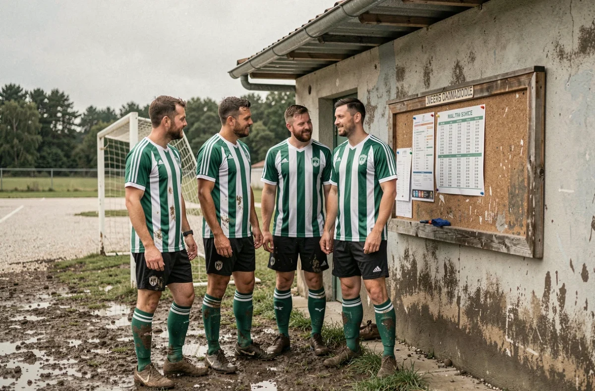 Joueurs de football amateur en Vendée consultant l'affichage du calendrier du district pour la saison 2026 après un entraînement