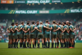Joueurs de rugby Fédérale 2 rassemblés sur le terrain après un match avec des maillots boueux, ambiance compétitive et expressions authentiques