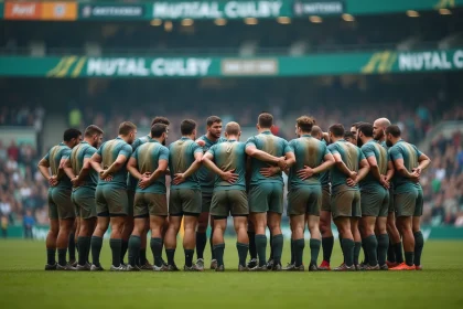 Joueurs de rugby Fédérale 2 rassemblés sur le terrain après un match avec des maillots boueux, ambiance compétitive et expressions authentiques