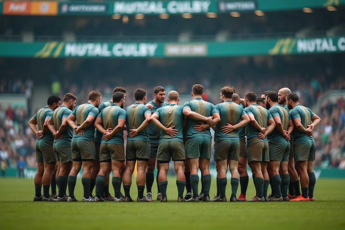 Joueurs de rugby Fédérale 2 rassemblés sur le terrain après un match avec des maillots boueux, ambiance compétitive et expressions authentiques