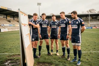 Joueurs de rugby Nationale consultant le calendrier de la saison 2026 lors d'un entraînement sur pelouse