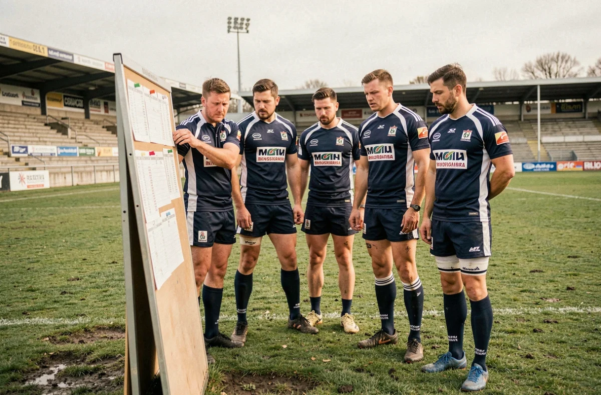 Joueurs de rugby Nationale consultant le calendrier de la saison 2026 lors d'un entraînement sur pelouse