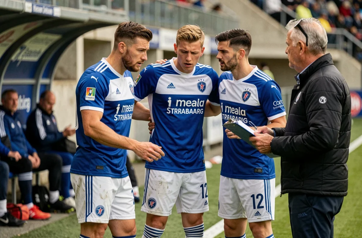 Joueurs du Racing Club de Strasbourg en discussion tactique avec leur entraîneur en bord de terrain lors d'un match
