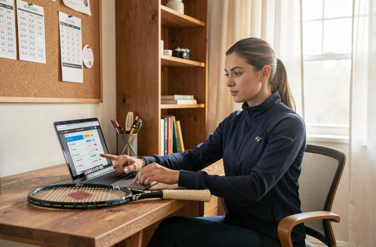 Joueuse de tennis analysant le classement P100 sur son ordinateur portable dans un bureau à domicile