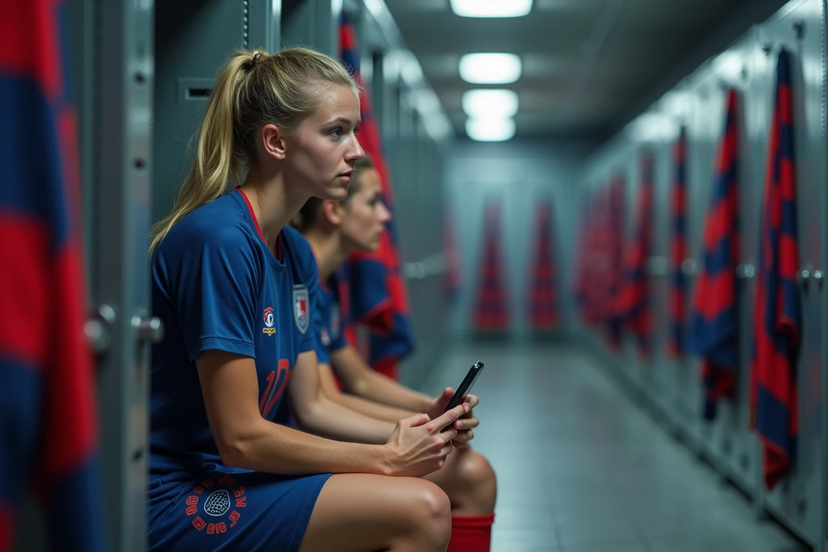 Jeune joueuse de football regardant la tirage en ligne sur son smartphone