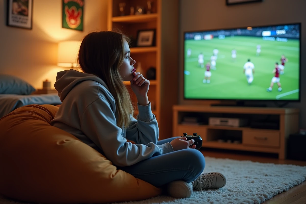Adolescente frustrée tenant une manette face à un écran FC 25 pausé, illustrant l'erreur d'un geste technique raté dans le jeu
