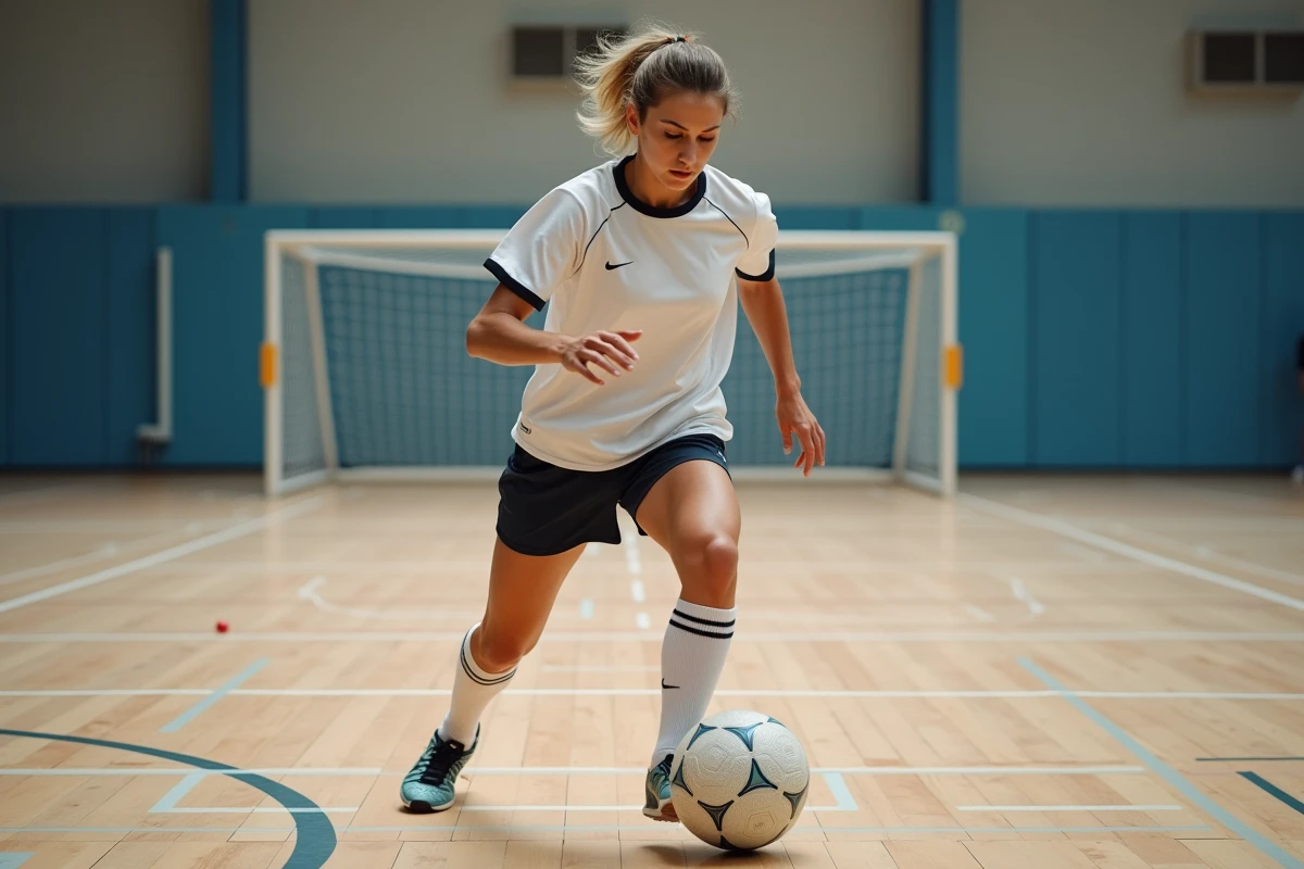 Joueuse de handball en action pr&egrave;s de la ligne des 6 m&egrave;tres