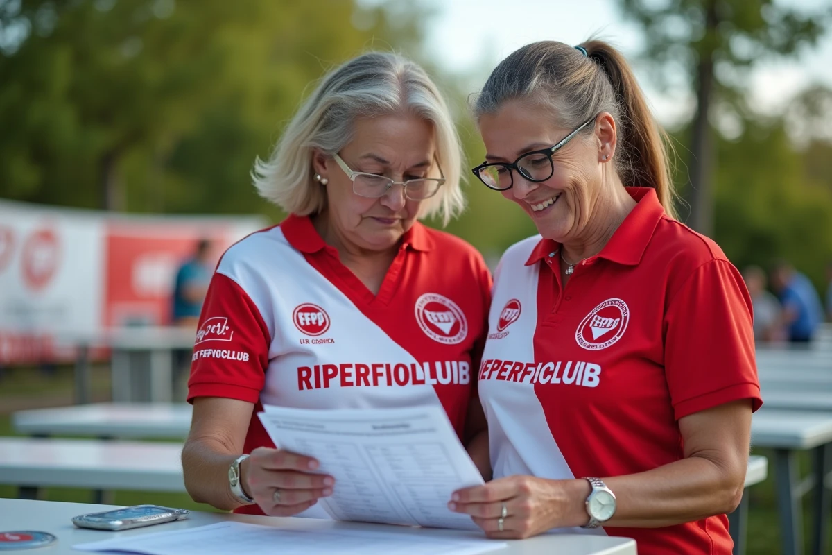 Deux joueuses de pétanque licenciées FFPJP consultant une feuille de score et un livret de licence lors d'un tournoi officiel