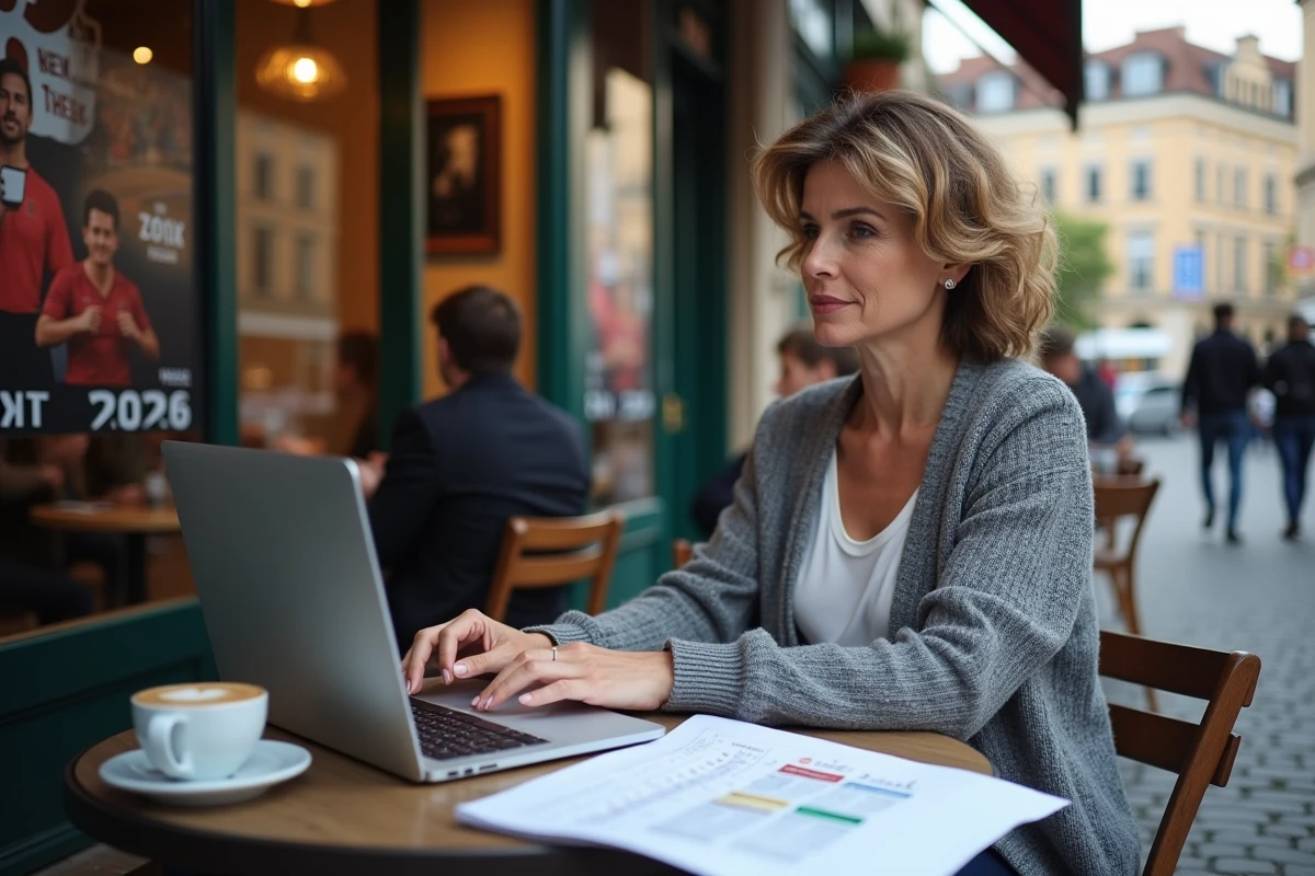Femme journaliste sportive tapant sur son ordinateur au café