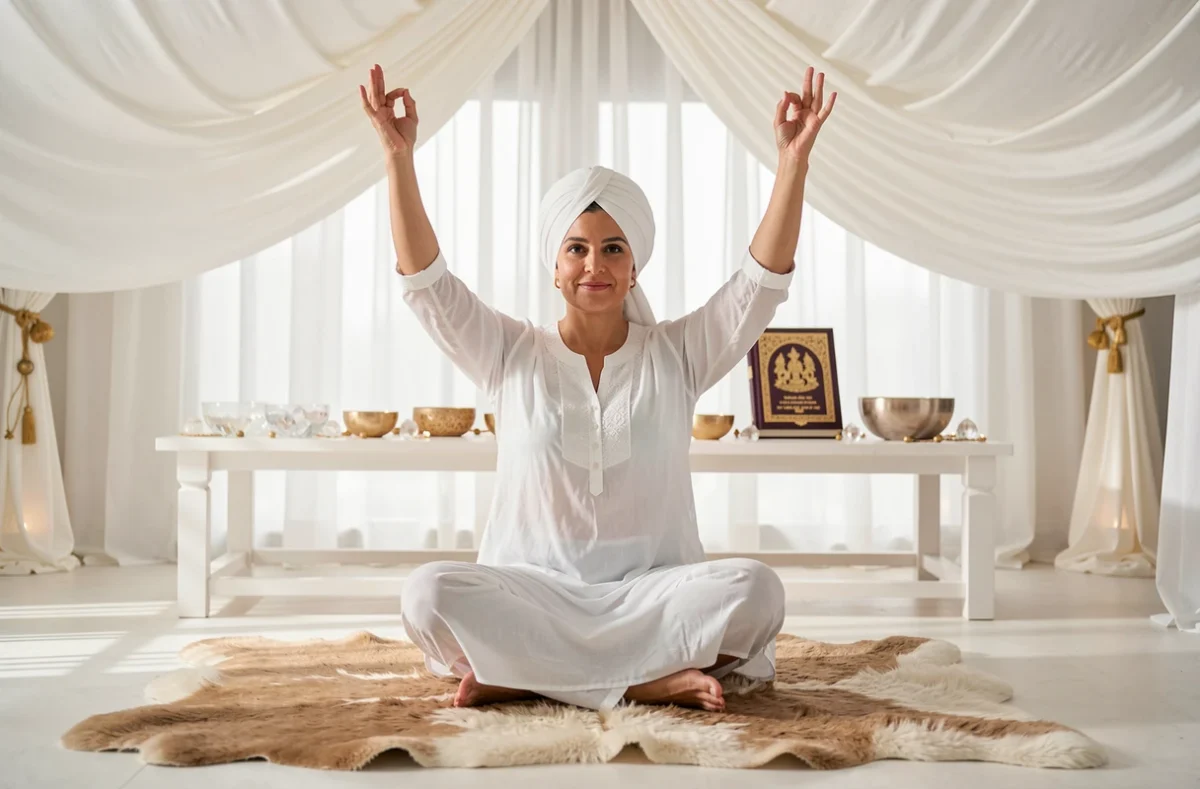 Femme en tenue blanche pratiquant le Kundalini yoga en posture assise avec mudra et bols en cristal sur autel