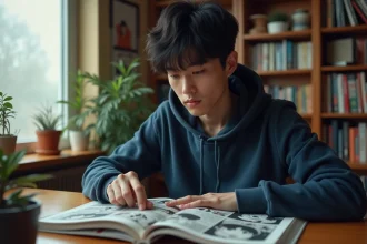Jeune homme lisant un tome de manga Blue Lock à son bureau avec des étagères remplies de volumes en arrière-plan