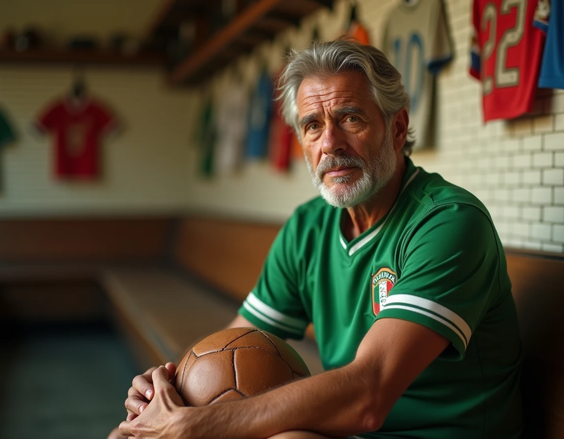 Légende du football italien en maillot vintage des années 80 assis dans un vestiaire historique tenant un ballon de cuir