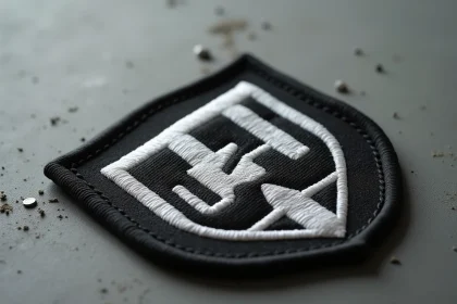Gros plan d'un logo de club de football en noir et blanc brodé sur un maillot posé sur béton