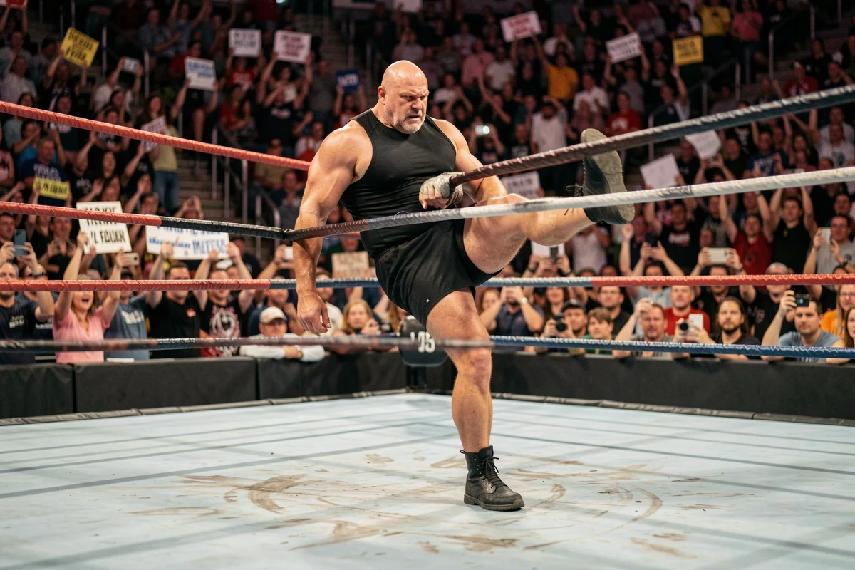 Lutteur professionnel imposant entrant sur le ring de catch en enjambant les cordes devant une foule de supporters en arène