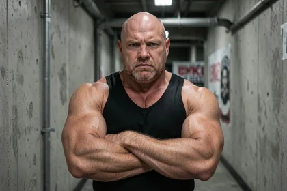 Portrait imposant d'un lutteur professionnel chauve et musclé dans un couloir d'arène de catch, bras croisés, regard intense vers la caméra