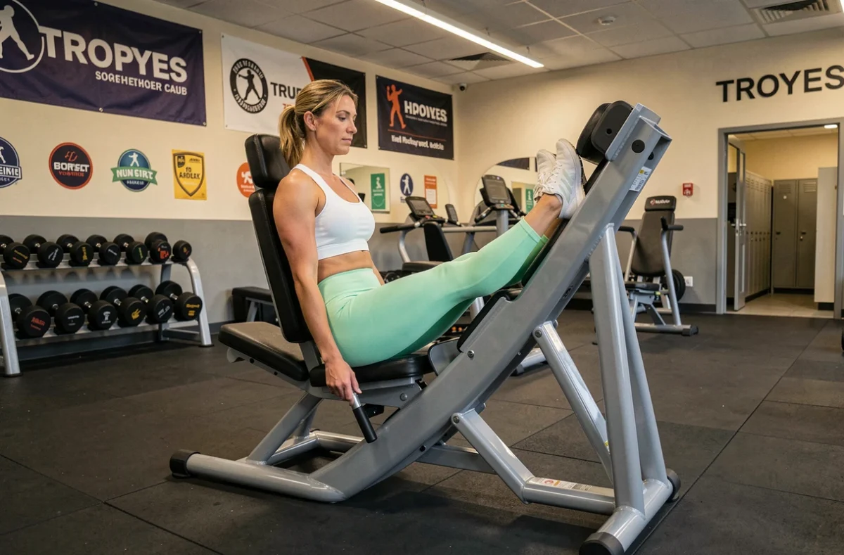 Magic Form Troyes avec une femme utilisant une machine à presse jambes dans une grande salle de sport moderne