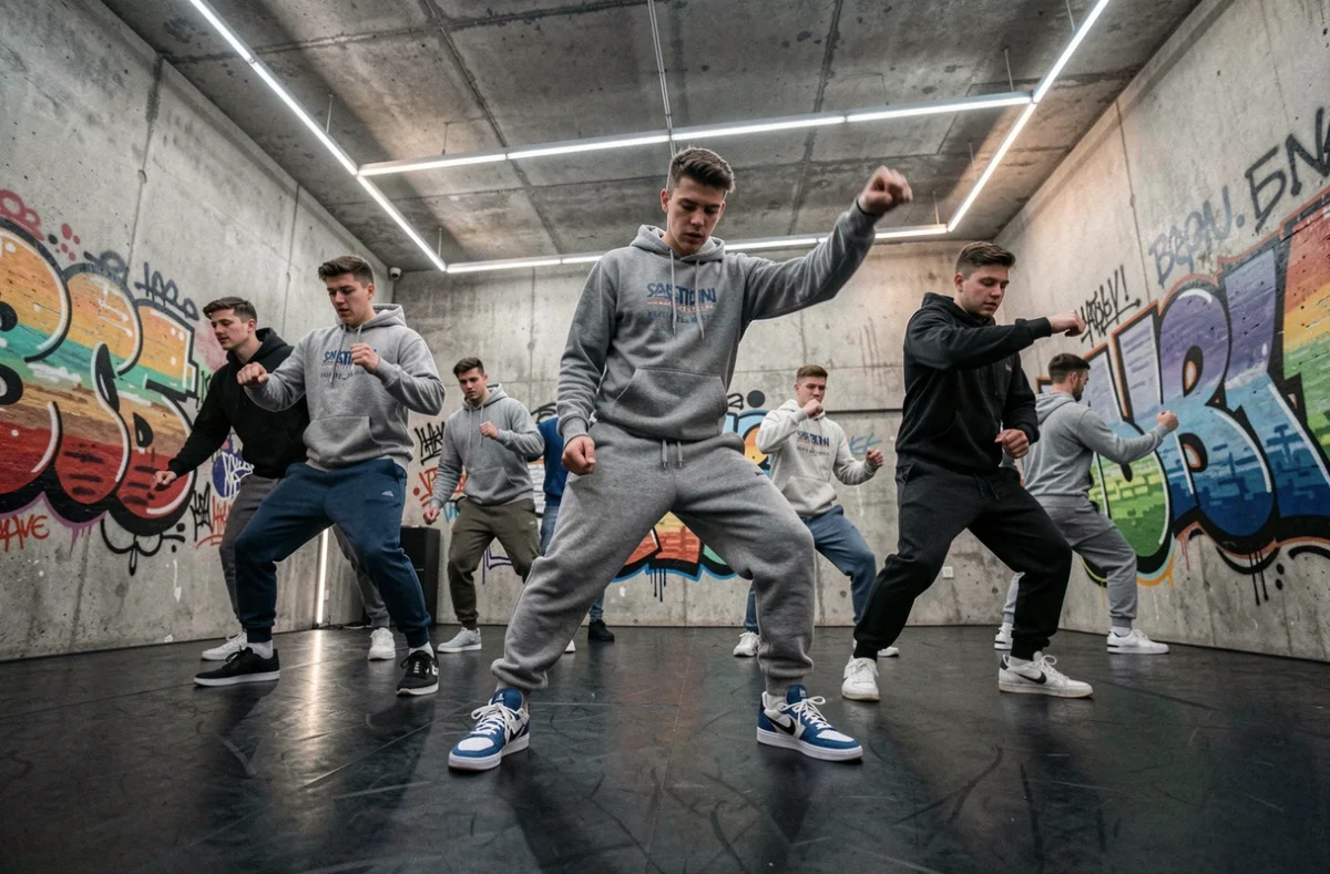 Groupe de danseurs urbains en pleine chorégraphie hip-hop à la Marseille Danse Academy