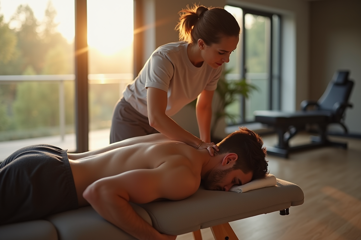 Jeune homme sportif recevant un massage dans une salle lumineuse