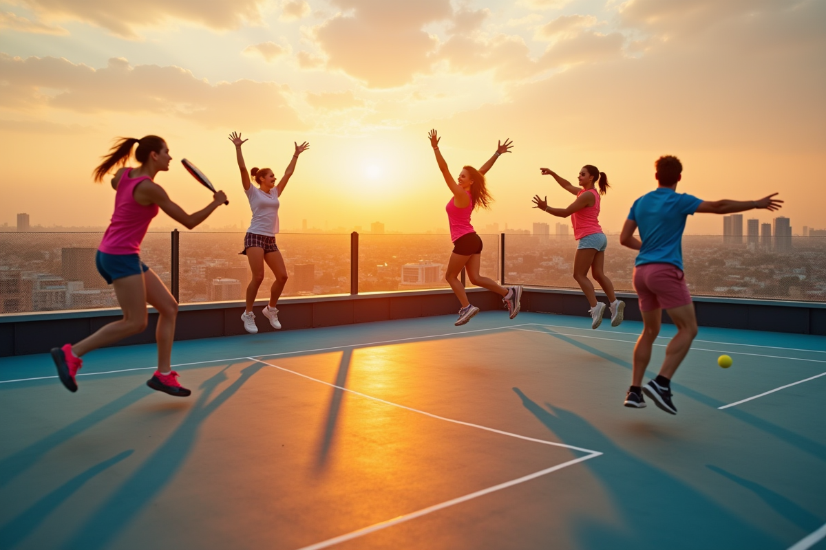 Match de padel urbain au coucher du soleil avec jeunes sportifs