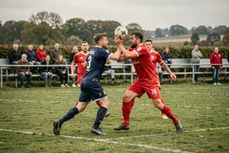 Match de football amateur en Vendée lors de la saison 2026 du district, deux équipes en duel aérien sur un terrain enherbé entouré de bocage vendéen