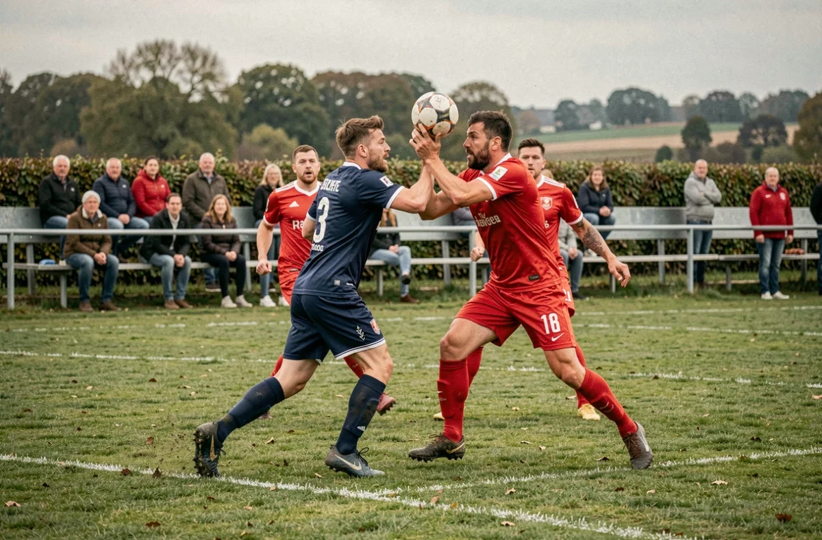 Match de football amateur en Vendée lors de la saison 2026 du district, deux équipes en duel aérien sur un terrain enherbé entouré de bocage vendéen