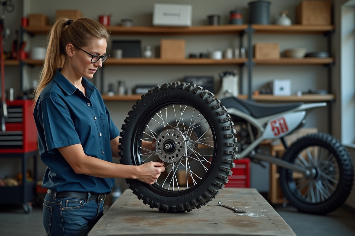 Mecanicienne professionnelle ajustant une roue de dirt bike dans un garage