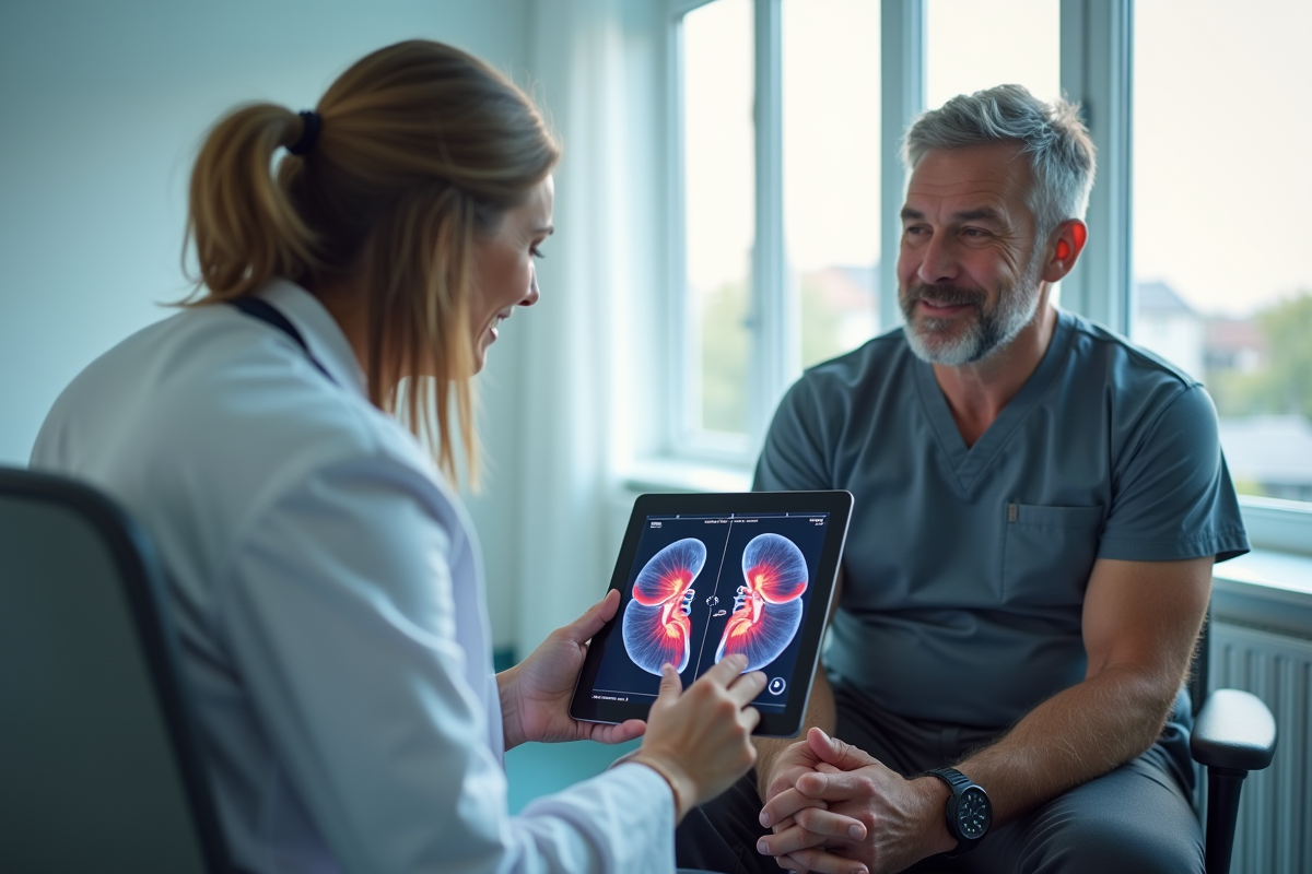Medecin montrant un scan de rein à un patient en salle moderne