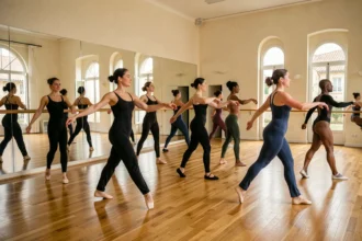 Groupe de danseurs en répétition dans un grand studio de danse professionnel en Provence-Alpes-Côte d'Azur