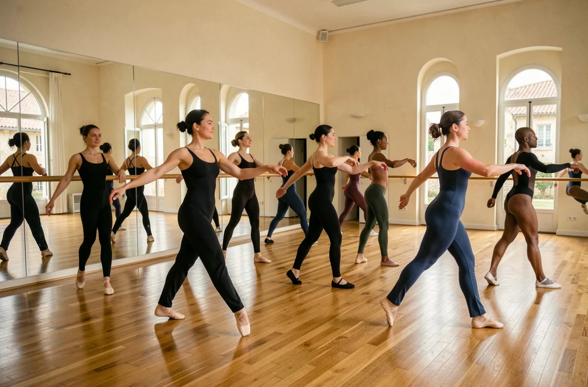 Groupe de danseurs en répétition dans un grand studio de danse professionnel en Provence-Alpes-Côte d'Azur
