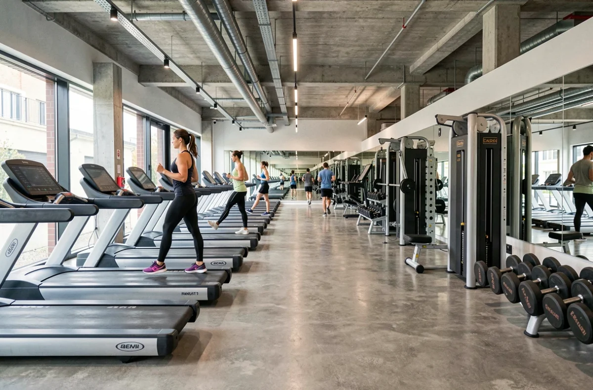 Vue panoramique d'une salle de fitness moderne dans le Grand Est avec équipements et adhérents en entraînement