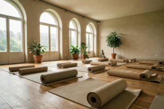 Vue d'ensemble d'un studio de yoga lumineux en Centre-Val de Loire avec des tapis alignés sur parquet et une fenêtre donnant sur la nature