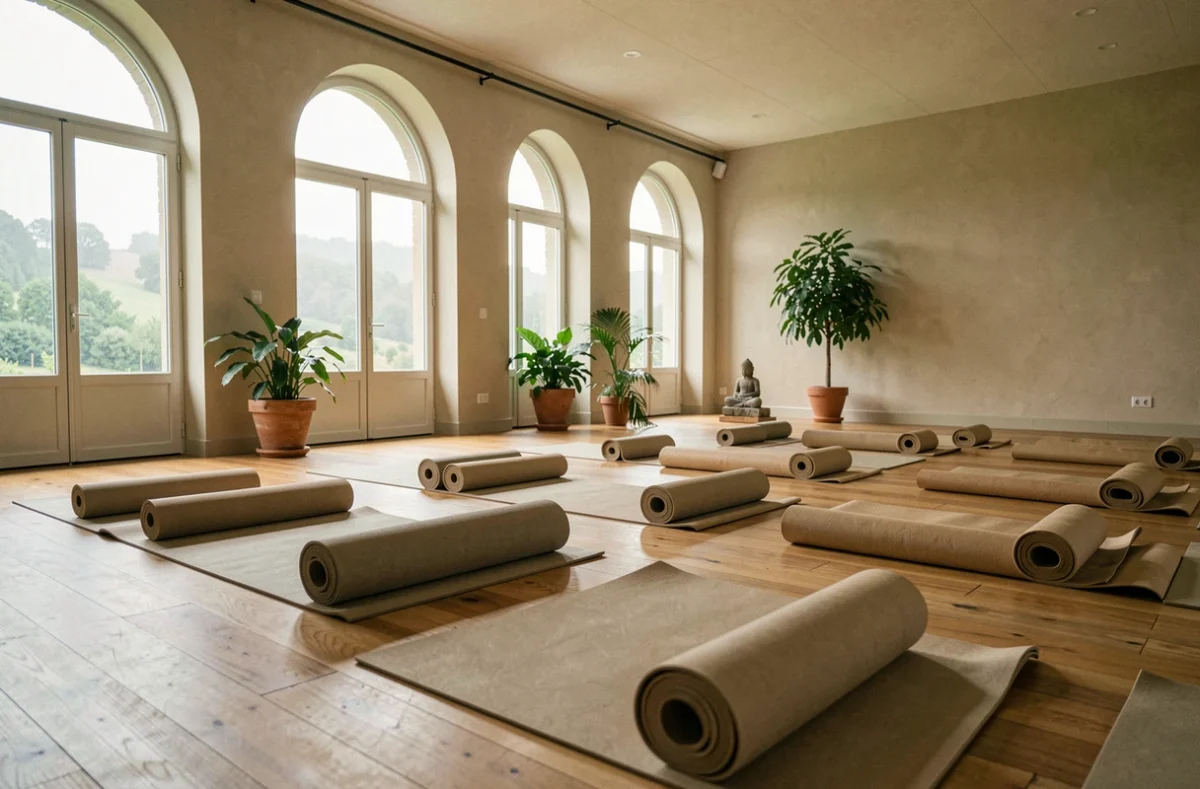 Vue d'ensemble d'un studio de yoga lumineux en Centre-Val de Loire avec des tapis alignés sur parquet et une fenêtre donnant sur la nature